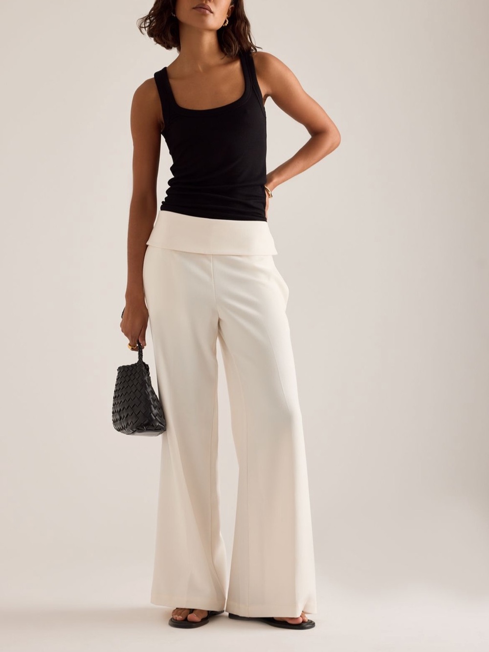 Anthropologie Cream Fold-Over Wide-Leg Modern Flare Pants
